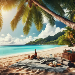 Beach towel under a palm tree on exotic beach