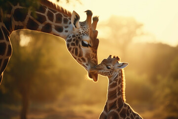 A baby giraffe stretching its neck to reach its mother's face - obrazy, fototapety, plakaty