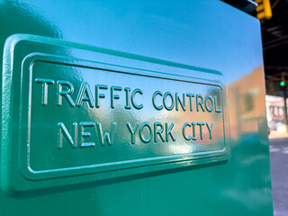 Green metal Traffic control box in New york city - 712773438