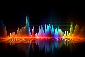 Waveform representing sound equalizer and music sound spectrum on a soundtrack background. Generative AI - obrazy, fototapety, plakaty