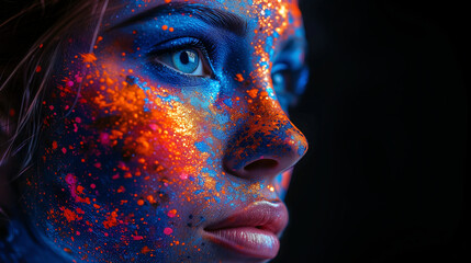 Captivating image portraying a close up woman's face. Mesmerizing fusion of colorful paint splashes.  Captivating gaze Harmony of the composition, emotionally resonant artwork. 