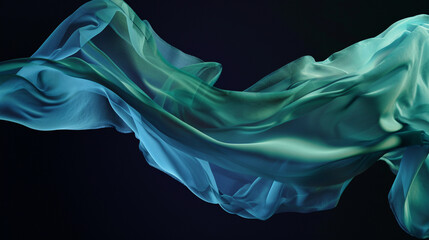 Colorful fabric backgrounds. Silk fabric texture luxurious background. Green and blue iridescent floaty fabric on black backgrounds. Trend colors and fabrics of 2024. The most preferred fabrics. 