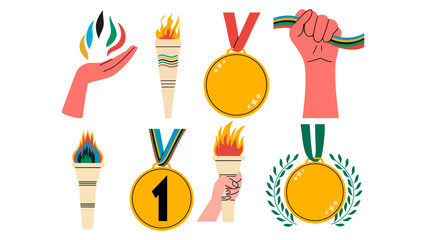 Sports set of awards and torches. Vector illustration in flat style.  - obrazy, fototapety, plakaty