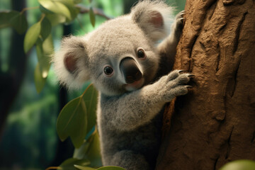A baby koala bear climbing a tree, its little hands and feet gripping the bark