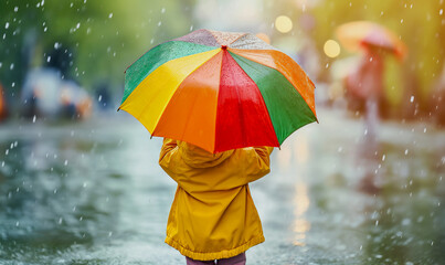 A small child with a multi-colored umbrella in the rain enjoys life. View from the back.