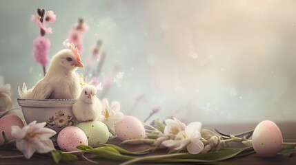 Easter Fluffy Chicks nestle in a vintage bowl among pastel Easter eggs and spring flowers, against a muted background with copy space. - Powered by Adobe