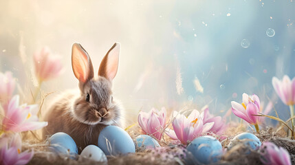 An adorable bunny among bright crocuses and pastel Easter eggs against a background of muted tones, with space for text. Easter card with copy space. - obrazy, fototapety, plakaty