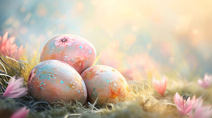 Fototapeta na wymiar Artistically painted Easter eggs rest in a nest among blooming spring flora, bathed in the warm golden light of dawn, against a peaceful bokeh backdrop of a copy space.