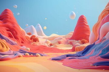 A surreal and dreamy landscape with abstract shapes and forms, featuring a mysterious and vibrant color palette