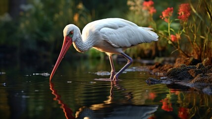 Obraz premium Majestic Ibis Wading Through Shallow Waters in Quest for Nourishment - AI-Generative