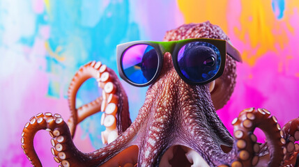 cool octopus wearing sunglasses in studio with a colorful and bright background. AI Generative