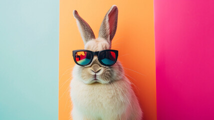 Vintage Cool bunny with sunglasses on colorful background. AI Generative