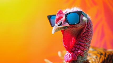 cool Funny turkey wearing sunglasses in studio with a colorful and bright background. AI Generative - obrazy, fototapety, plakaty