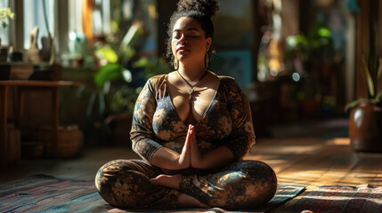 young plump plus-size woman in sportswear doing yoga, studio, gym, sports class, fitness center, girl, weight loss, Pilates, breathing, body, training, muscles, healthy lifestyle, activity, lotus - obrazy, fototapety, plakaty