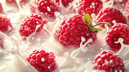 Close up of fresh raspberries with milk. Healthy yogurt, berry milkshake or smoothie food background