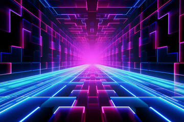 Futuristic neon tunnel with a bright light at the end.