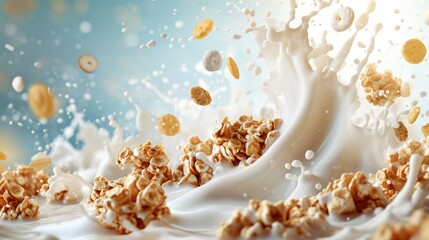 Cereals, granola or muesli breakfast with milk splashes. Breakfast food background