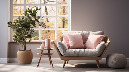 Light stylish furniture, pink and grey armchair with decorative pillow, home style