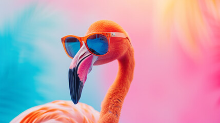 Fototapeta premium closeup flamingo with sunglasses in studio with a colorful and bright background. AI Generative