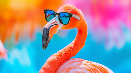Fototapeta premium closeup flamingo with sunglasses in studio with a colorful and bright background. AI Generative