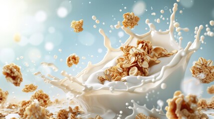 Fototapeta na wymiar Cereals, granola or muesli breakfast with milk splashes. Breakfast food background