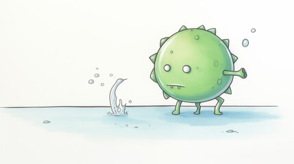 The green virus character water color, cartoon, hand drawing, animation 3D, vibrant, minimalist style. ai generated.