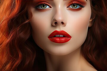 Fototapeta premium Portrait of a beautiful woman with fair skin, green eyes, red hair and red lipstick. Lips makeup red lipstick. Cosmetics advertising. Romantic image of a woman with makeup. Cover of a women's magazine