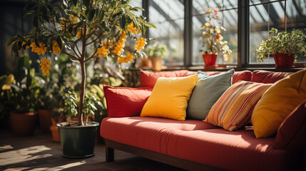 Light stylish furniture, red or yellow and orange armchair with decorative pillow, home style