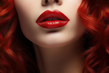 Fototapeta premium Portrait of a beautiful woman with fair skin, red hair and red lipstick. Lips close-up makeup red lipstick. Cosmetics advertising. Romantic image of a woman with makeup. Cover of a women's magazine.