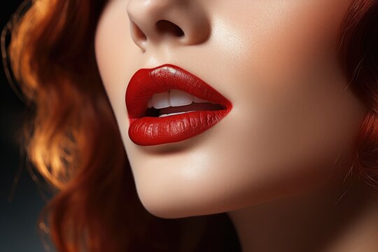 Portrait of a beautiful woman with fair skin, red hair and red lipstick. Lips close-up makeup red lipstick. Cosmetics advertising. Romantic image of a woman with makeup. Cover of a women's magazine.