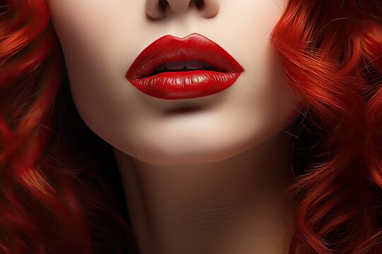 Portrait of a beautiful woman with fair skin, red hair and red lipstick. Lips close-up makeup red lipstick. Cosmetics advertising. Romantic image of a woman with makeup. Cover of a women's magazine.