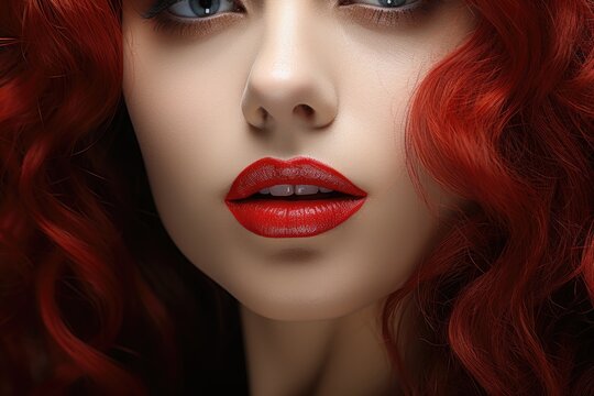 Portrait of a beautiful woman with fair skin, green eyes, red hair and red lipstick. Lips makeup red lipstick. Cosmetics advertising. Romantic image of a woman with makeup. Cover of a women's magazine