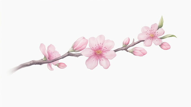 A single cherry blossom branch water color, cartoon, hand drawing, animation 3D, vibrant, minimalist style. ai generated.