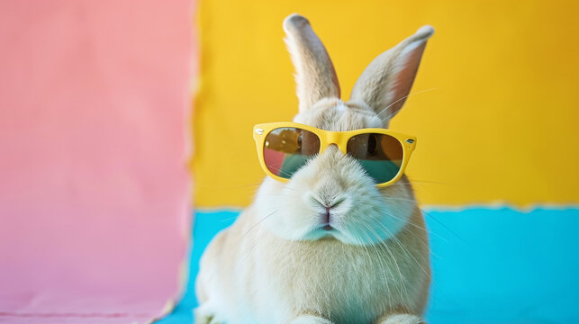 cute bunny with sunglasses on colorful background. AI Generative