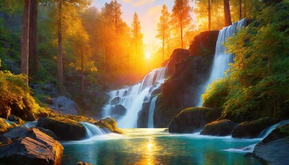 beautiful forest at the morning with waterfall