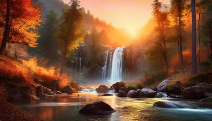 beautiful forest at the morning with waterfall