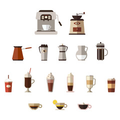 Set of hot and cold drinks. Collection of different coffee types and accessories. Cappuccino, latte and coffee with lemon. Paper mug, cups and glasses. Flat vector icon illustration isolated