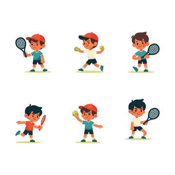 SIX FLAT CHARACTER OF BOY PLAY TENNIS ILLUSTRATION VECTOR