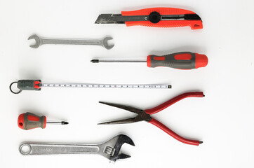 Tool set laid out on a white background