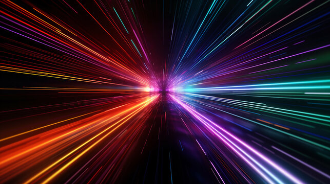 Abstract neon light streaks radiating from central point with vibrant colors, speed concept