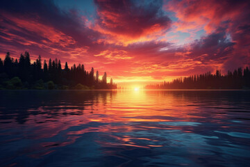 Fototapeta na wymiar A bright, colorful sunrise over a calm lake
