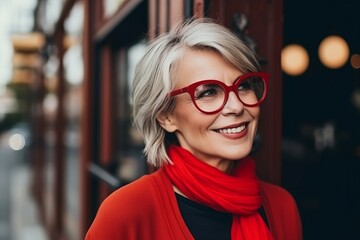 Portrait of a happy senior woman wearing red glasses and a red scarf