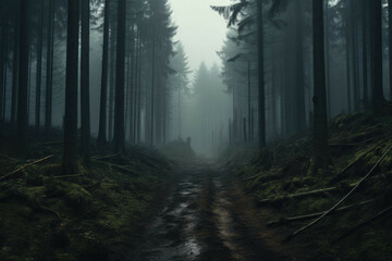 Fototapeta premium A foggy, misty forest with tall trees, winding paths, and a mysterious atmosphere