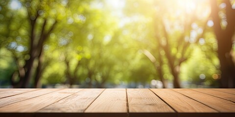 Wooden perspective amidst blurred trees, bokeh backdrop, spring and summer ambiance.