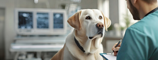 Attentive Labrador retriever looking up at a veterinarian in a clinical setting. Focused canine...
