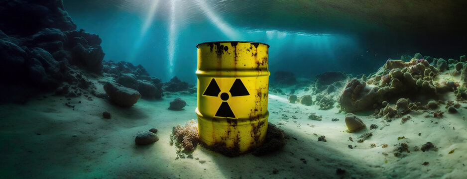 Yellow barrels of radiation hazard waste at the bottom of the ocean. Concept of water radioactive pollution. Panorama with copy space.