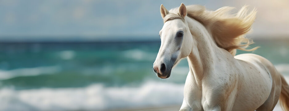 Graceful white horse galloping along the ocean shore, its mane flowing in the breeze. Panorama with copy space.