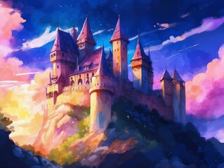 watercolor castle in anime style
