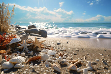 Fototapeta na wymiar A sun-drenched beach, with a variety of shells, rocks and driftwood scattered across the sand