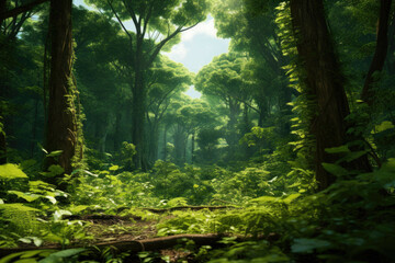 A lush, vibrant forest with a dense canopy of trees and a variety of foliage